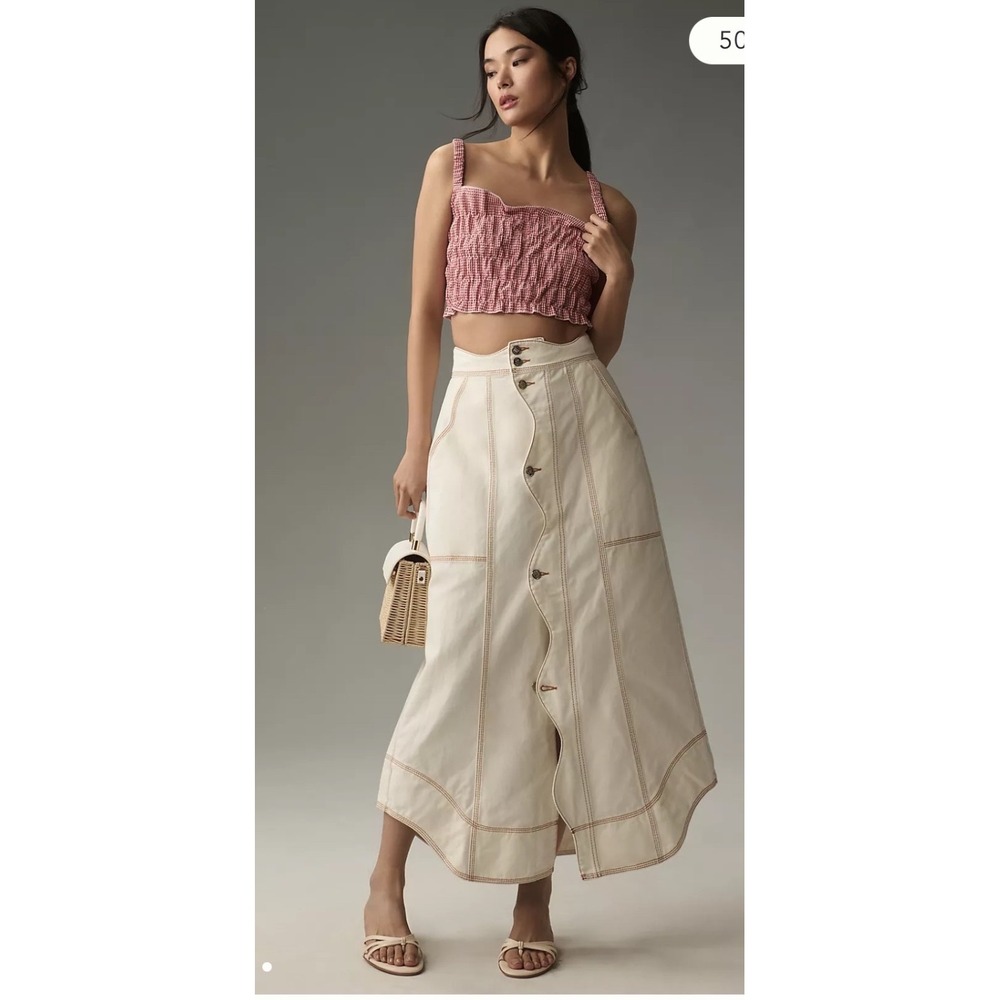 Farm Rio Denim Wave Maxi Skirt Off-White Contrast Stitch Button Front Size 24